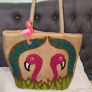America & Beyond Jute Flamingo Embroidered Tote Bag